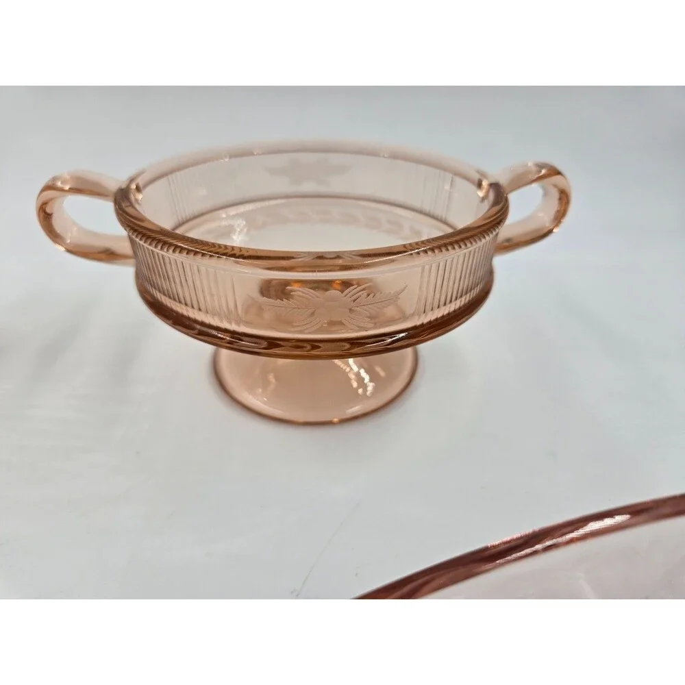 Lot of Vintage Pink Floral Depression Glass Pieces Nappy Triangle Dish Handled